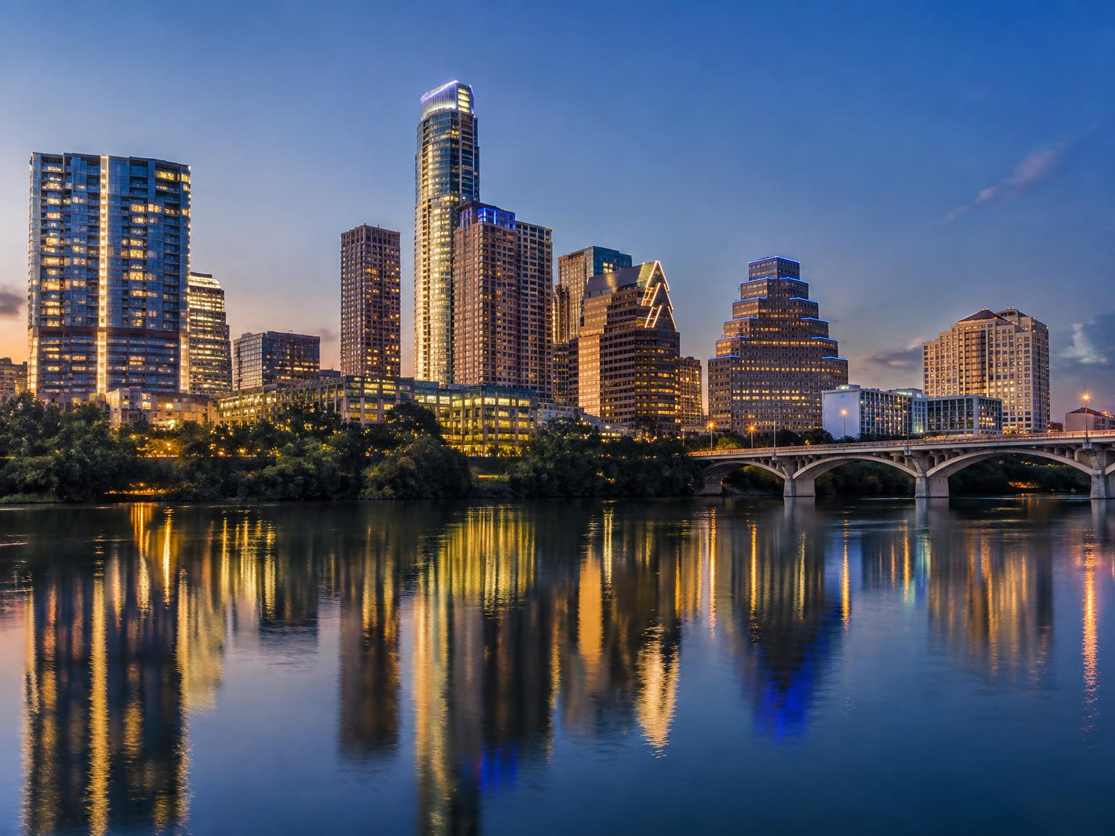 Downtown Austin skyline at dusk over Lady Bird Lake